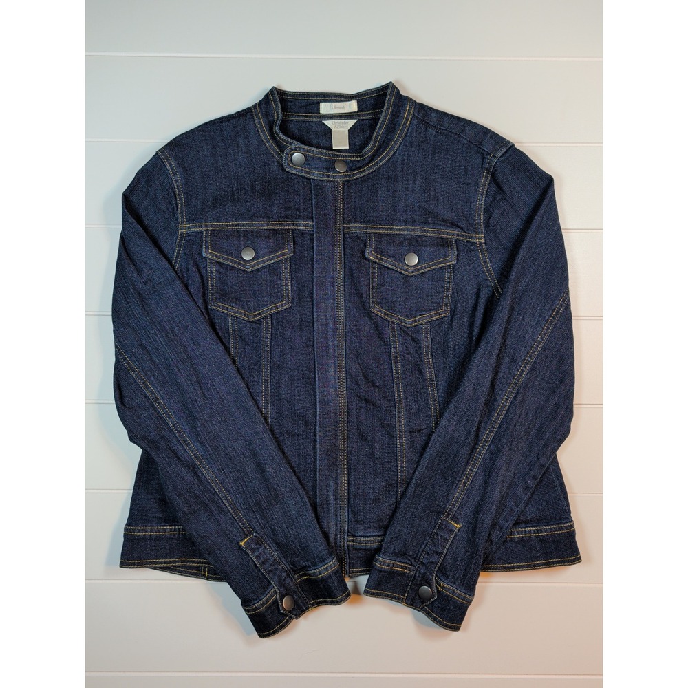 Christopher & Banks Denim Jacket Women XL Dark Blue Stretch Mandarin Collar Zip